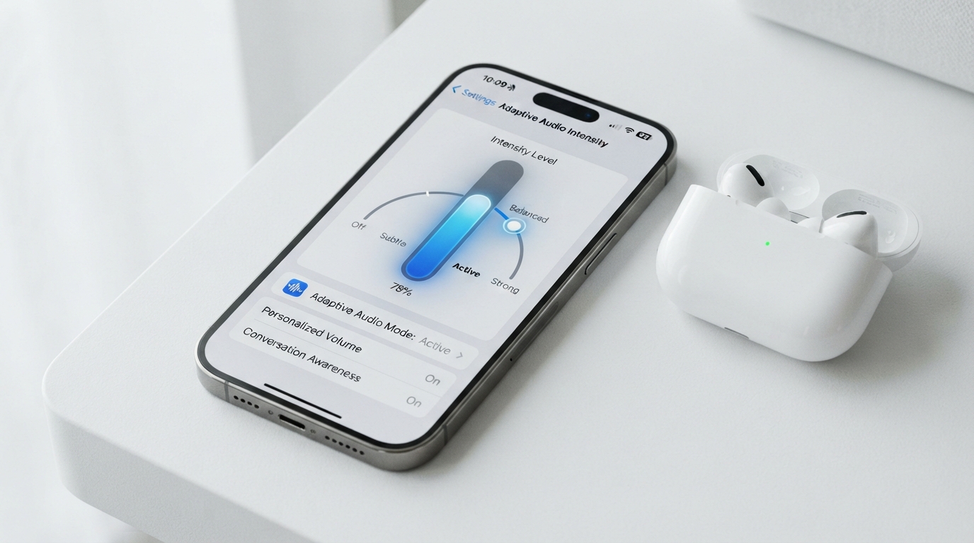 iPhone showing iOS 27 Beta 3 Adaptive Audio intensity slider with AirPods Pro